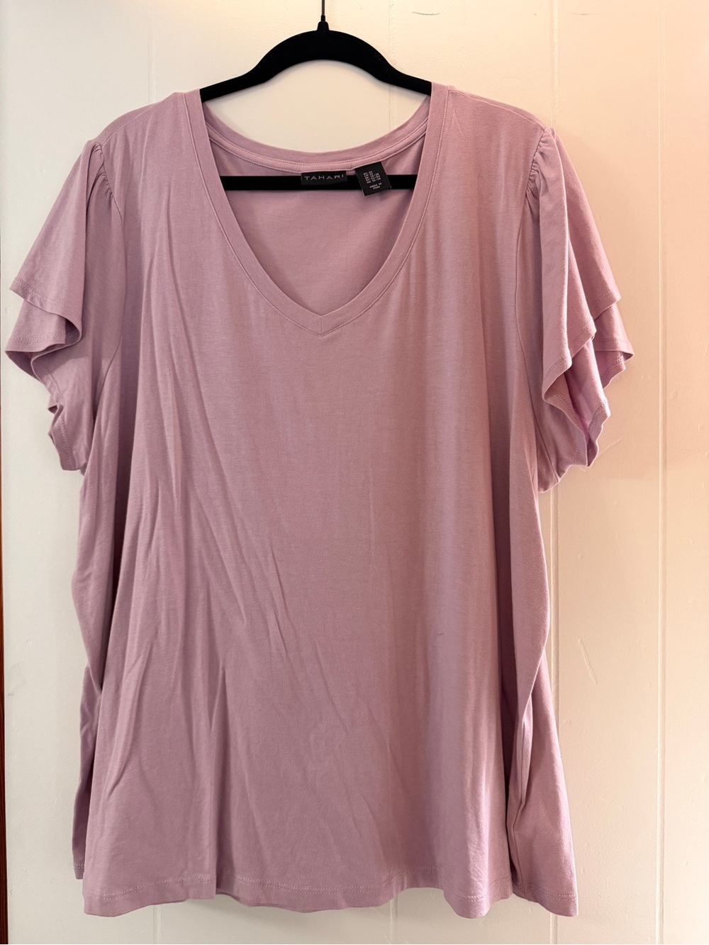 Tahari Dusty Lavender V-Neck Short Sleeve Ruffle Top